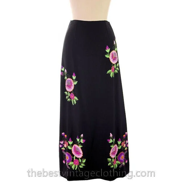 Vintage Embroidered  Maxi Skirt H. Fabrikant Wool Blend Black S lace skirt intricate