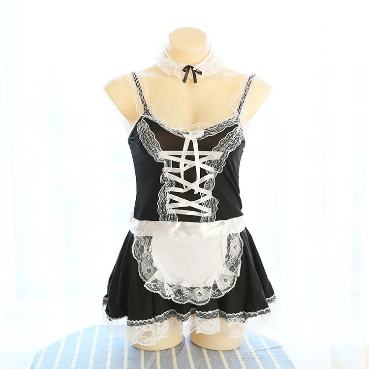 Anime Maid Kawaii Bow Neko Choker Cosplay Costume Dress Crew Neckline Casual