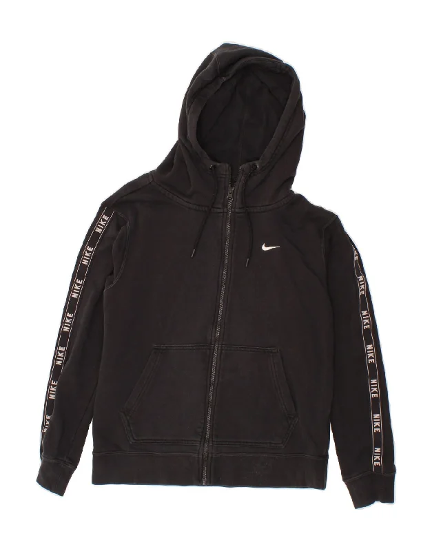 NIKE Womens Oversized Graphic Zip Hoodie Sweater UK 6 XS Black Hoodie with Slit Hem Functional Movement