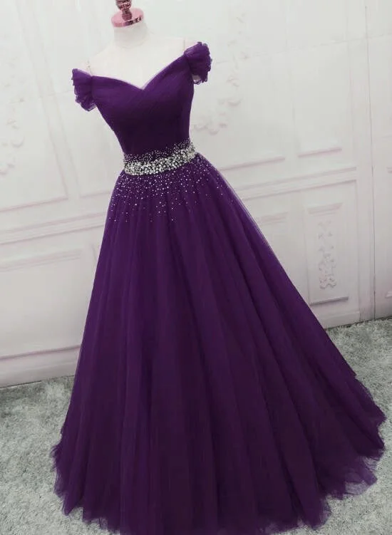 Charming Dark Purple Tulle Long Off the Shoulder Party Dress, Long Prom Dress Tunics Canvas sturdy