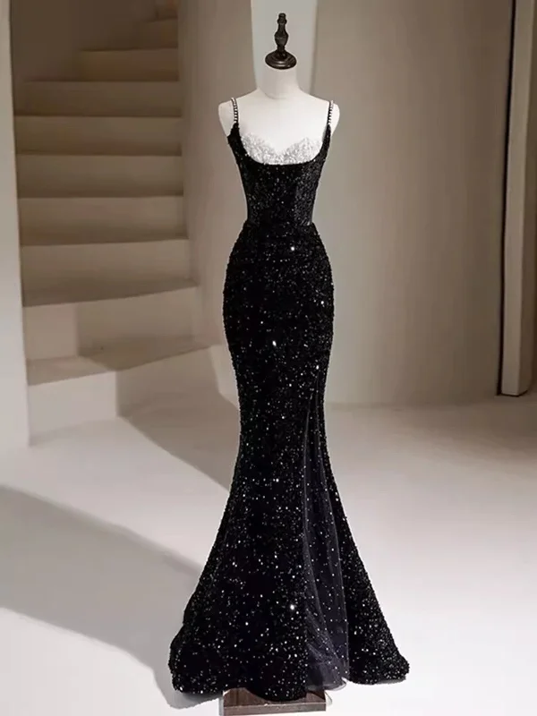 Black Sequins Mermaid Straps Beaded Prom Dress, Black Sequins Party Dress Mermaid Tail Wedding