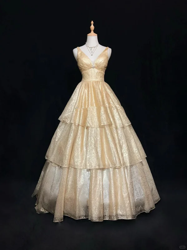 Champagne V-neckline Tulle Layers Formal Dress, Champagne Party Dress Prom Dress Tunics Office stylish
