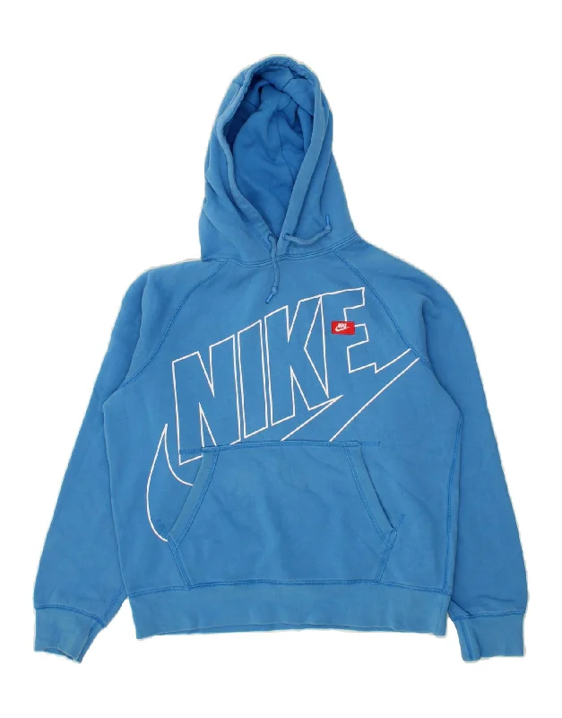 NIKE Womens Oversized Graphic Hoodie Jumper UK 14 Medium Blue Cotton Zip Hoodie Drawstring Kangaroo Pocket