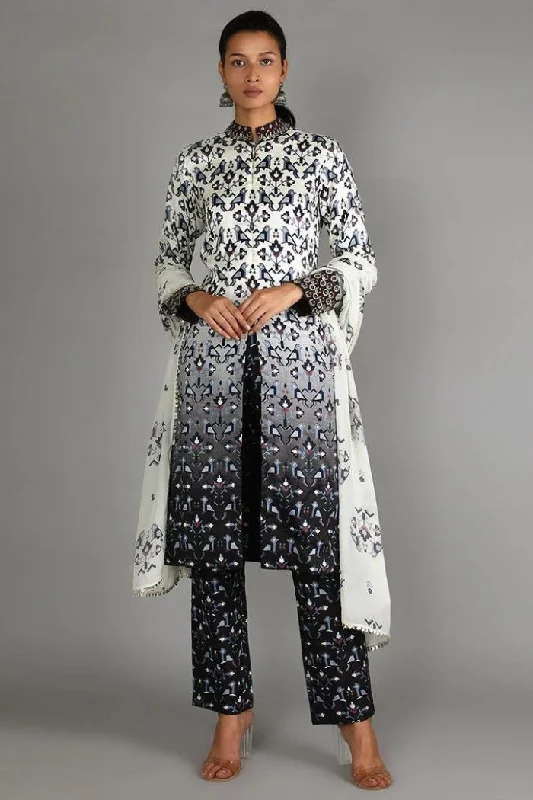 BLACK AND WHITE OMBRE GEOMETRIC DAMASK PRINT JACKET WITH BLACK GEOMETRIC DAMASK PRINT PANT PAIRED WITH WHITE BIRD PRINT DUPATTA WITH EMBROIDERY DETAILING Print Jacket Jacquard Jacket Embroidered Jacket