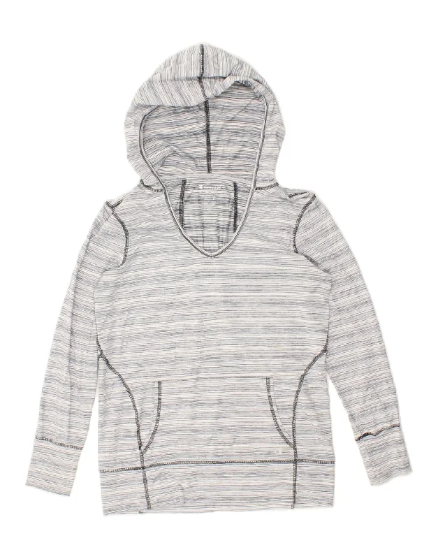 CHAMPION Womens Hoodie Jumper UK 14 Medium Grey Striped Polyester Zip Hoodie Drawstring Kangaroo Pocket