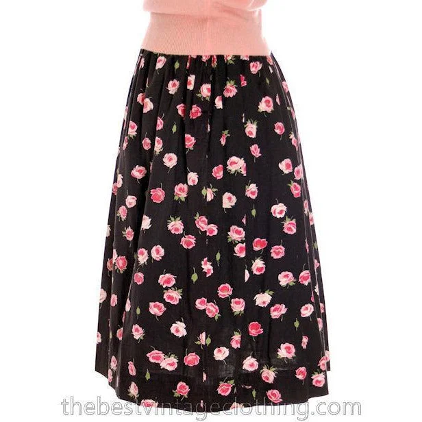 Vintage 1940s Cotton Skirt Pink Roses Print on Black M velvet skirt rich