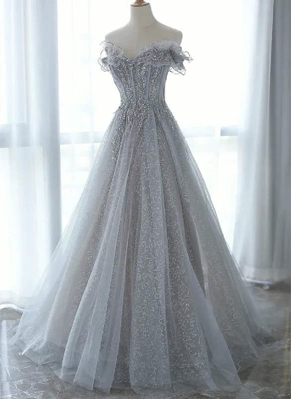 Sliver Grey Tulle Sweetheart Party Dress, A-line Tulle Floor Length Prom Dress Tunics Denim casual