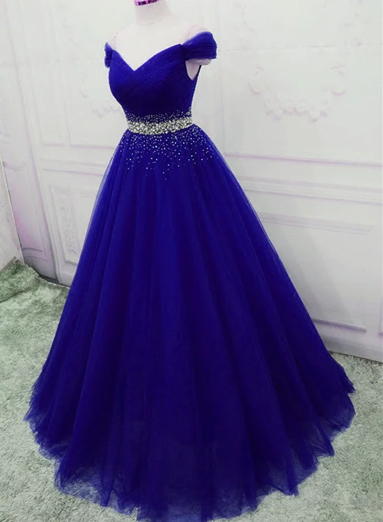 Elegant Royal Blue Tulle Sequins Prom Dress 2020, A-line Long Party Dress Tunics Ceremony elegant