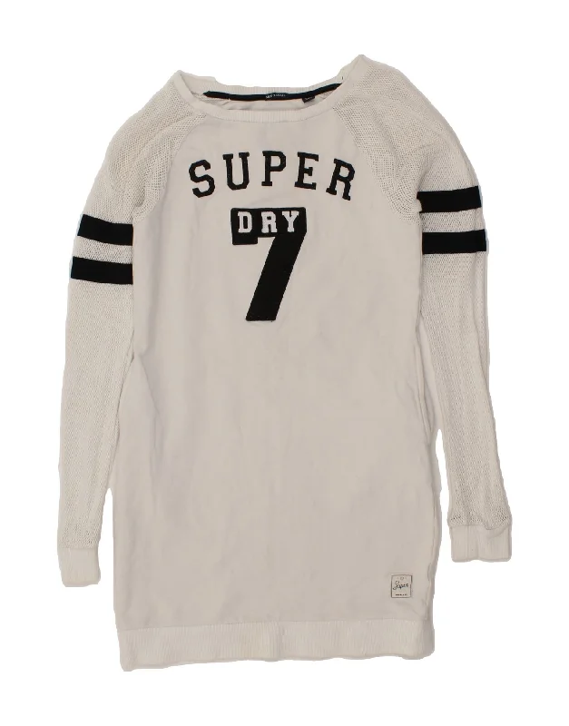 SUPERDRY Womens Longline Graphic Sweatshirt Jumper UK 10 Small White Hoodie with Hem Lace Feminine Delicate