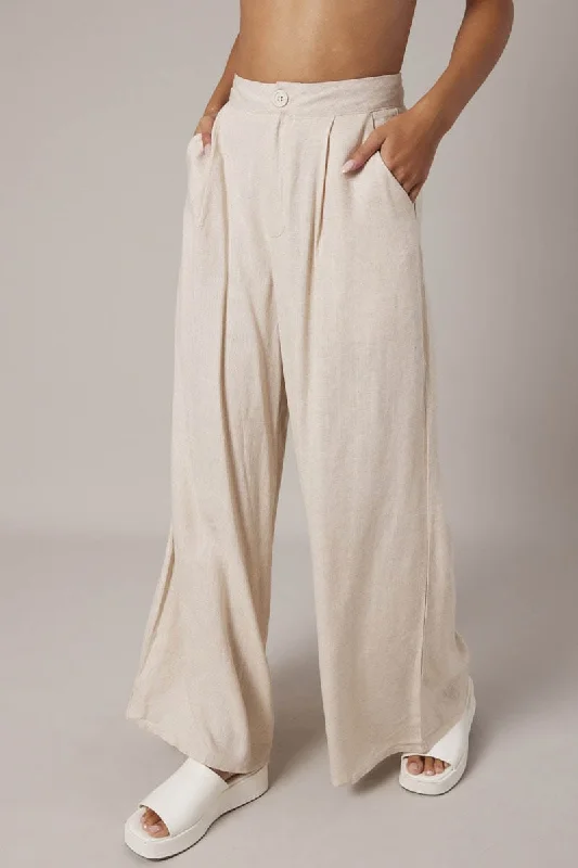 Beige Wide Leg Pants High Rise Linen Blend High-Waist Trousers