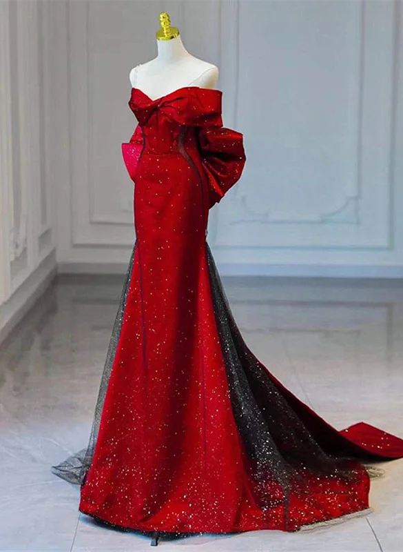 Red and Black Off Shoulder Mermaid Long Party Dress, Red and Black Prom Dress Tunics Running lightweight