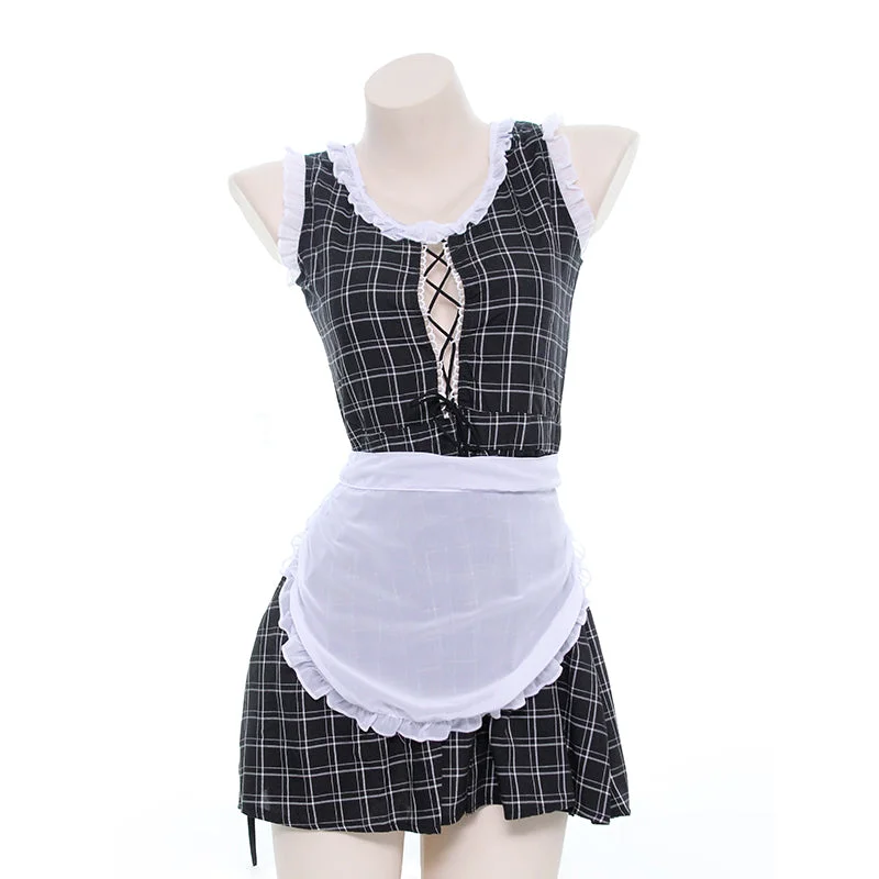 Grid Anime Maid Kawaii Dress Set Crew Neckline Sporty