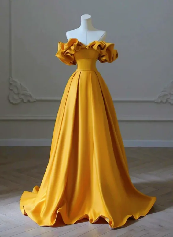 Charming Gold Satin Long Party Dress, Off Shoulder A-line Prom Dress Tunics Distressed trendy