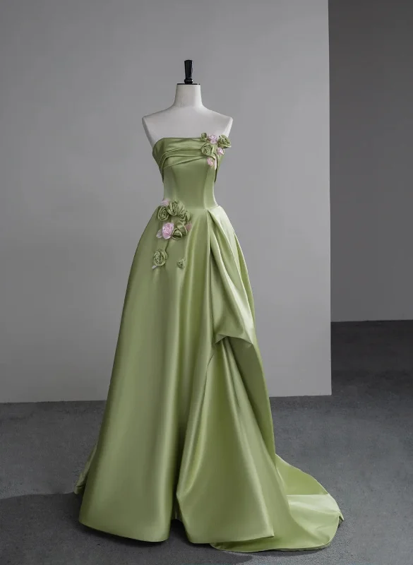 Green Satin A-line Party Dress with Flowers, Green Long Prom Dress Shift Classic Vintage