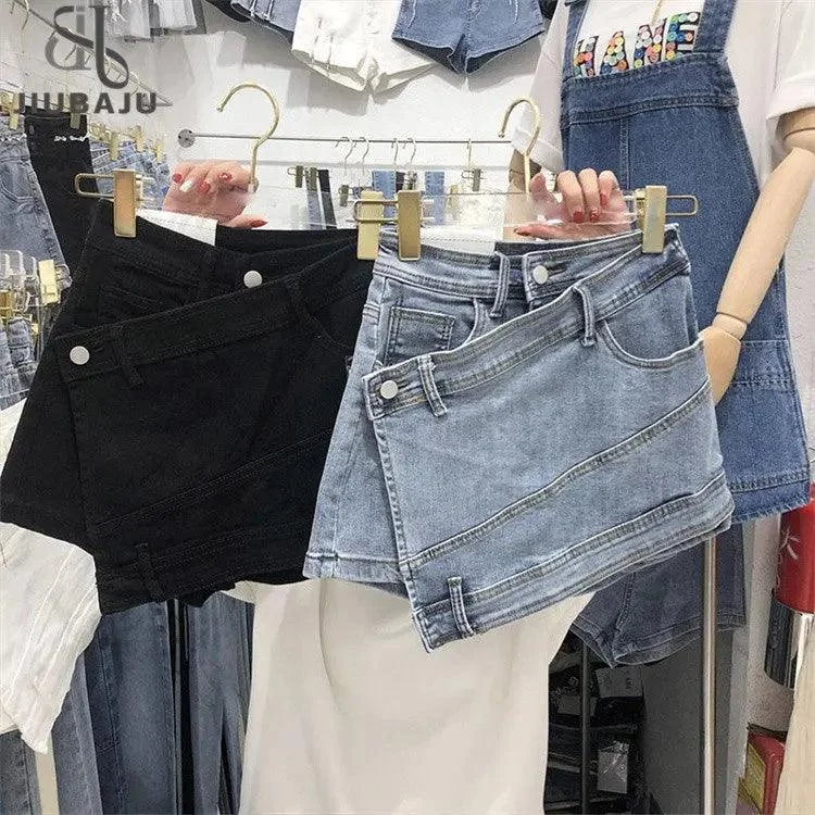 Plus Size Women's Summer Denim Culottes 2023 Casual Solid Color High Waist Irregular Short Hot Pants Skirt Chic Slim Fit Pants