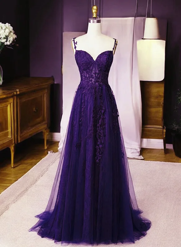 Dark Purple Sweetheart Tulle with Lace Straps Party Dress, Dark Purple Prom Dress Tunics Polka dots