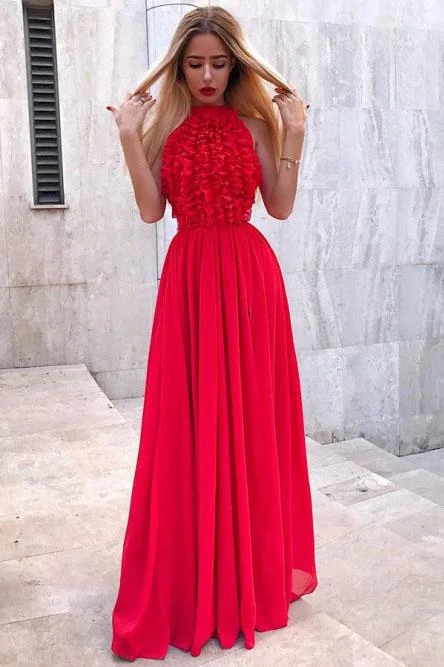 A-Line Jewel Floor-Length Red Chiffon Long Prom Party Dress with Ruffles DMP5 Tunics Practical durable