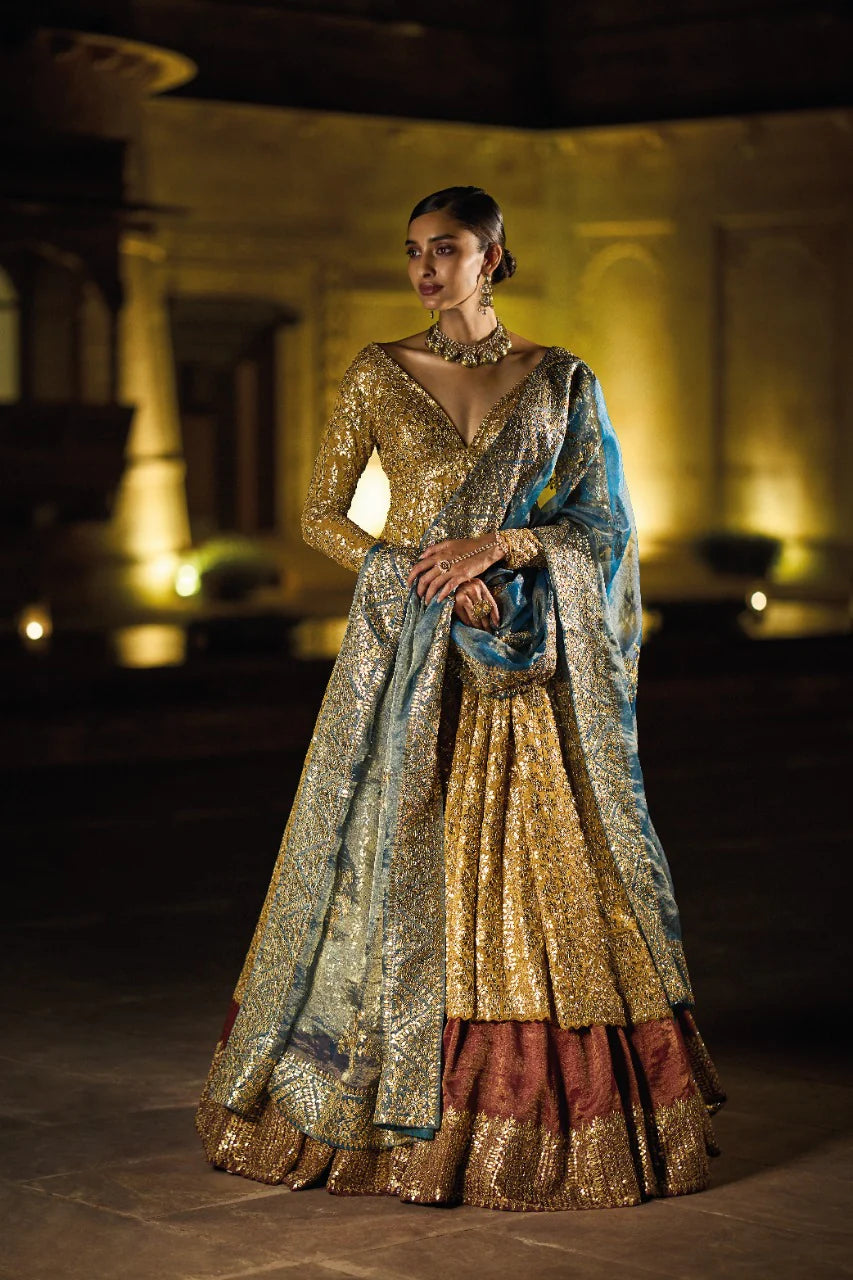 Antique Gold Gota Patti Jacket Set One-Shoulder Jacket Off-the-Shoulder Jacket Asymmetrical Jacket