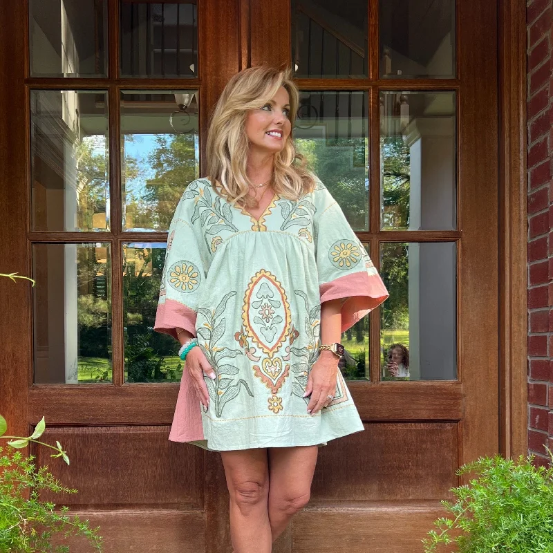 Daisy Long Sleeve Embroidery Dress | Sage with Brick Trim Tunics Designer luxury