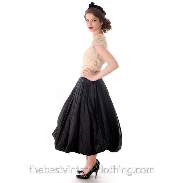 Vintage 1950s Black Pleated Taffeta Bubble Skirt Small 25 Waist silk skirt smooth