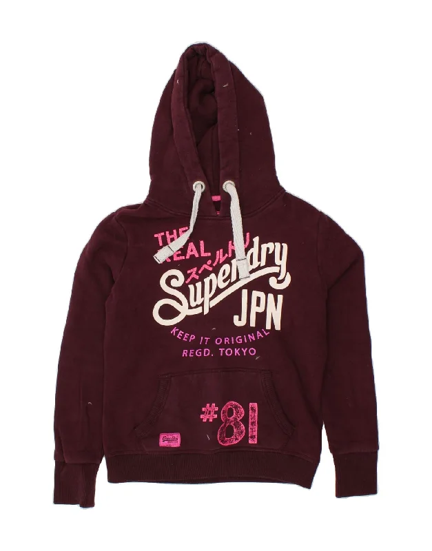 SUPERDRY Womens Graphic Hoodie Jumper UK 14 Medium Burgundy Cotton Hoodie with Pattern Geometric Abstract
