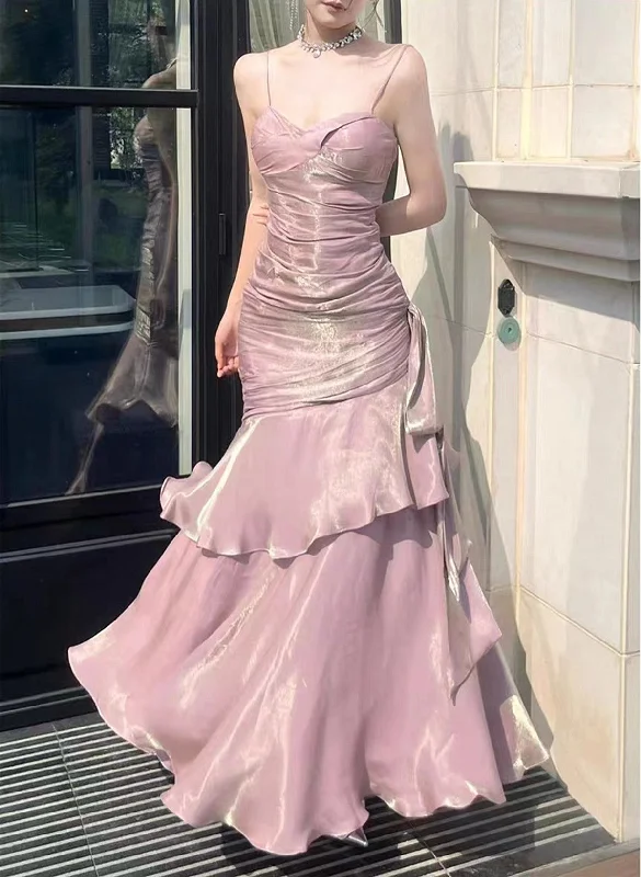 Pink Satin Straps Long Party Dress, Pink Satin Chic Prom Dress Evening Dress Peplum Ruffle Cocktail