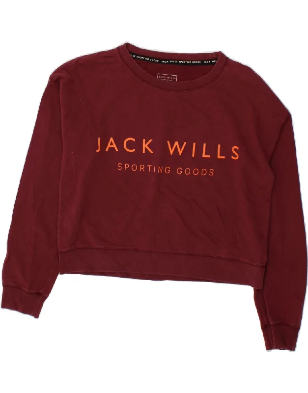 JACK WILLS Womens Oversized Graphic Sweatshirt Jumper UK 10 Small Burgundy Hoodie with Hem Patch Decorative Personalized
