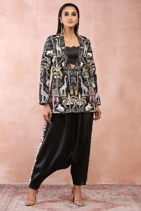 BLACK EMBROIDERED JACKET WITH BUSTIER AND LOW CROTCH PANT Oversized Jacket Tailored Jacket Straight Jacket