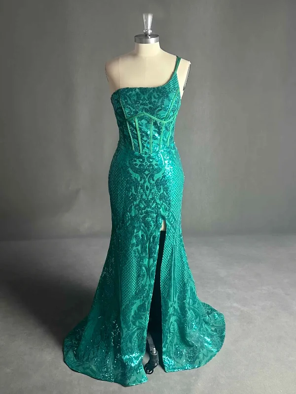 Wynter One Shoulder Slit Trumpet Sequin Prom Dresses Casual Short Summer