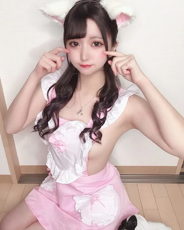 Kawaii Japanese Girl Big Heart Ruffle Pink Maid Dress Square Neckline Feminine