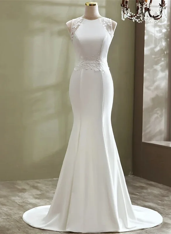 White Mermaid Round Neckline Long Formal Gown, White Wedding Party Dress Tunics Travel practical