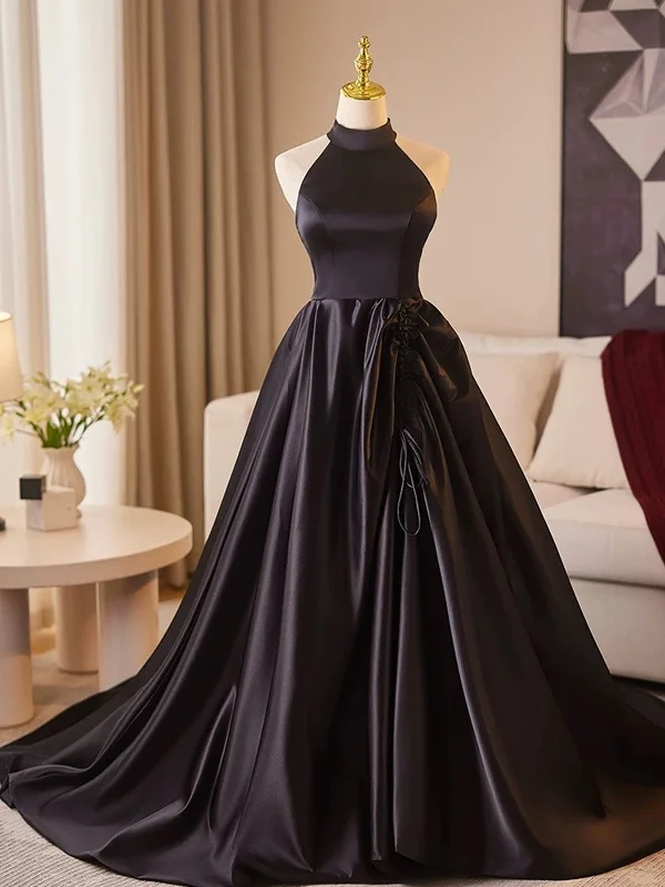 Black Halter Satin A-line Simple Style Prom Dress, Black Satin Party Dress Tunics Favorite customer