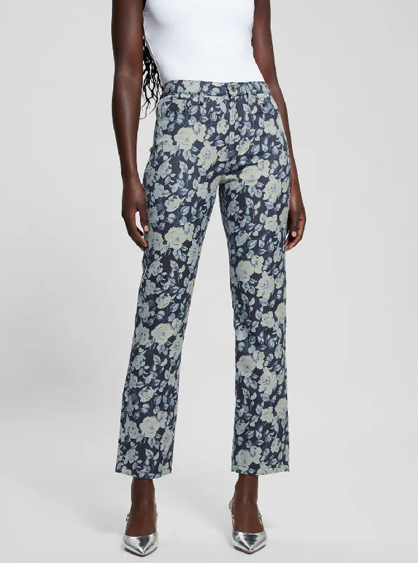 Blue Floral Girly Jacquard Pant Fashionable Button-Up Pants