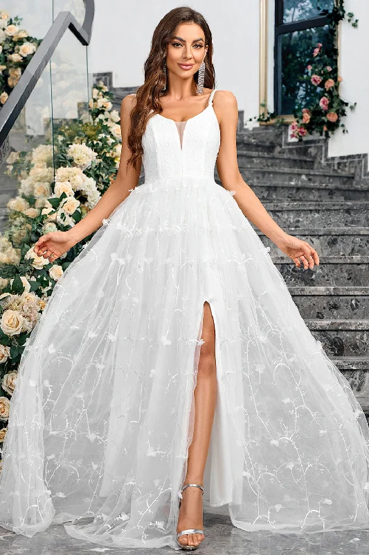 White A-Line Spaghetti Straps Appliques Tulle Long Wedding Party Dress with Slit Tunics Top rated