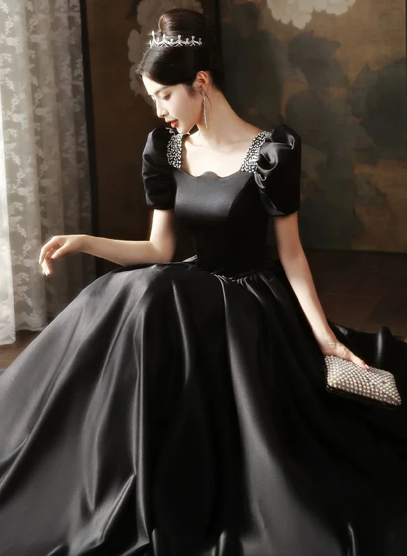 Black Short Sleeves Beaded A-line Satin Prom Dress, Black Satin Party Dress Tunics Distressed trendy