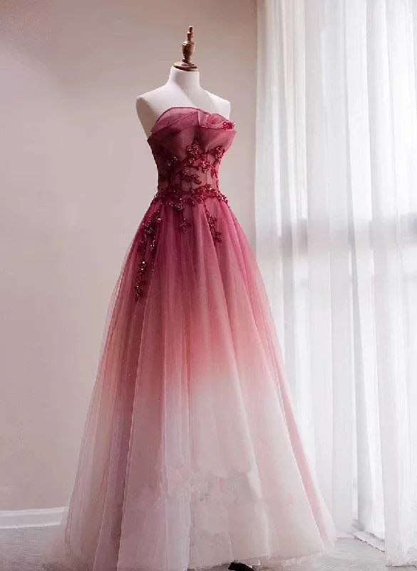 Red Beaded Gradient Tulle Long Party Dress, A-line Elegant Lace-up Prom Dress Tunics Formal black