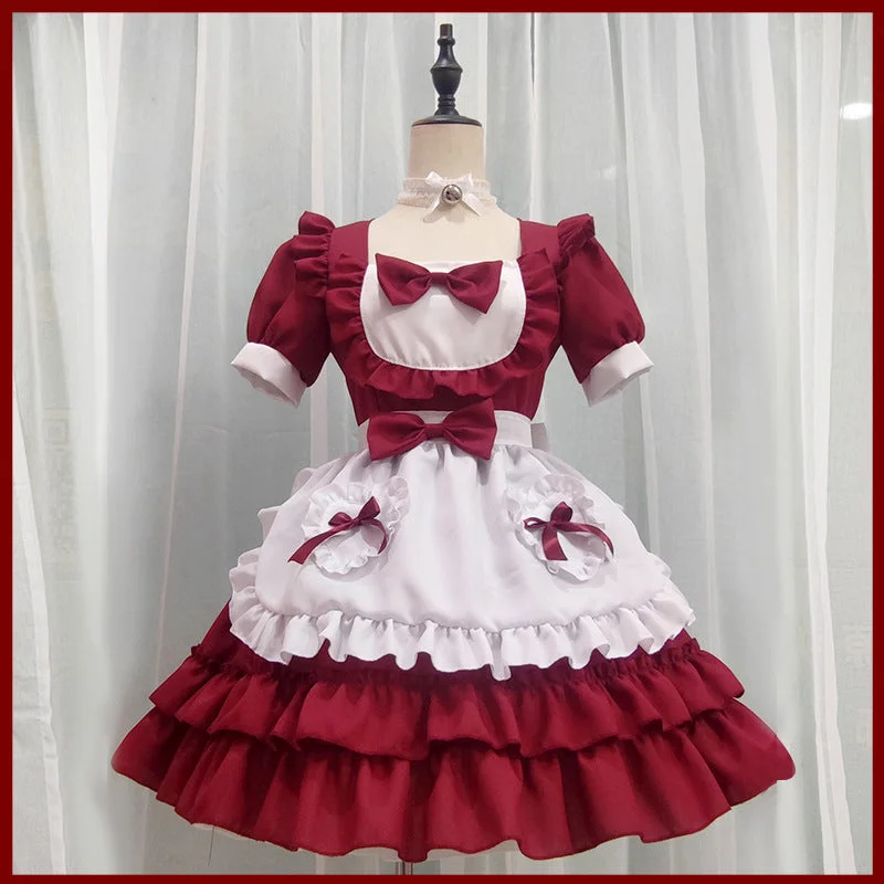 Red Waifu Anime Maid Kawaii Bow Cosplay Costume Dress Set Tunics Lace romantic