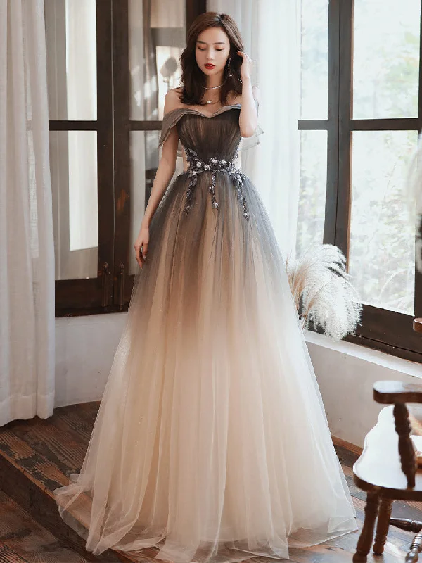 Beautiful Gradient Off Shoulder Tulle Long Party Dress, Sweetheart Prom Dress, Formal Dress Tunics Gym athletic