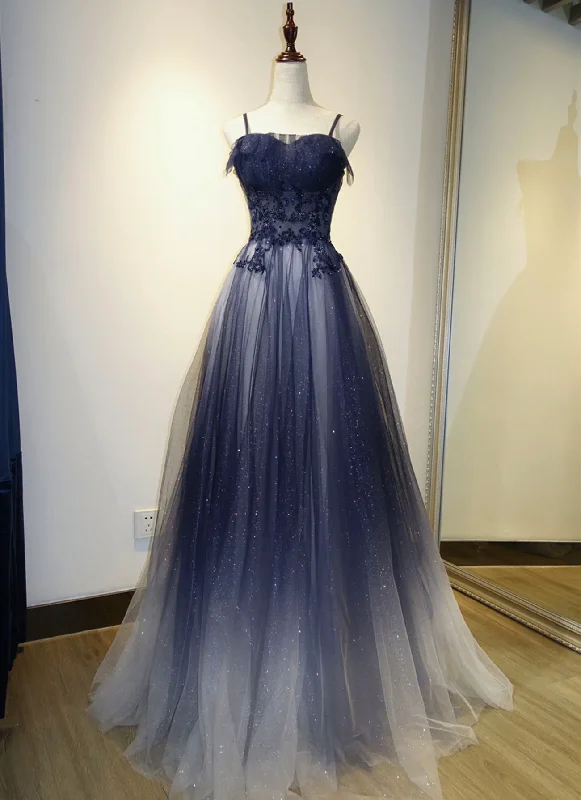 Elegant Gradient Tulle Straps Long Party Dress, A-line Tulle Prom Dresses Tunics Chinos classic