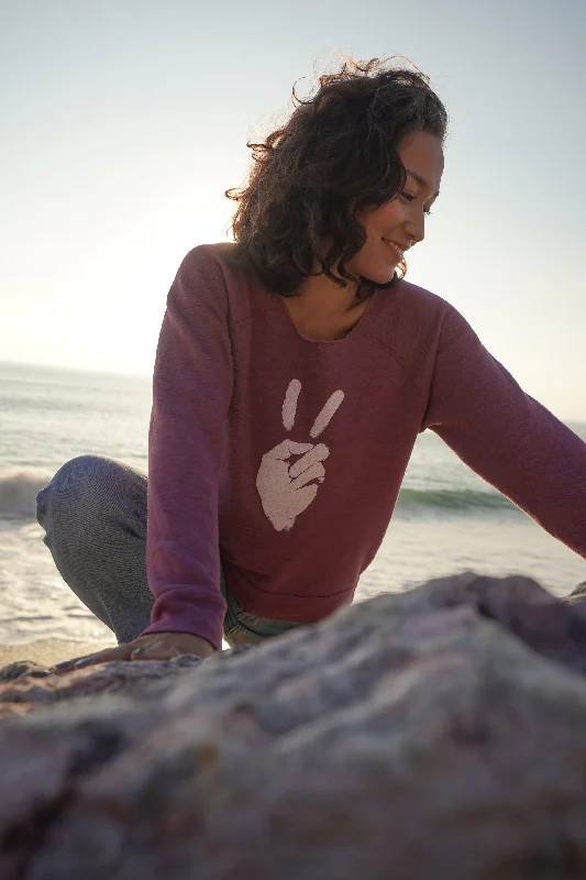 'Peace Sign' - Off the Shoulder Sweatshirt - Fig Hoodie with Relaxed Fit Easy Casual