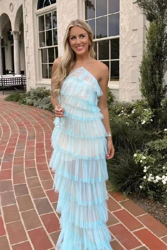 New Style Halter Ruffles Tulle Prom Dresses With Slit, Long Backless Party Dress DMP116 Tunics Favorite customer