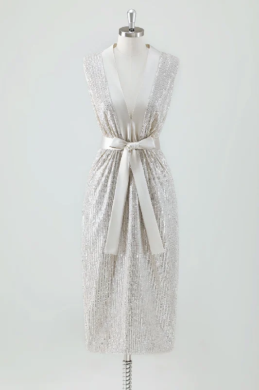 Champagne Sparkly V Neck Tea Length Holiday Party Dress with Bow Tunics Essential wardrobe