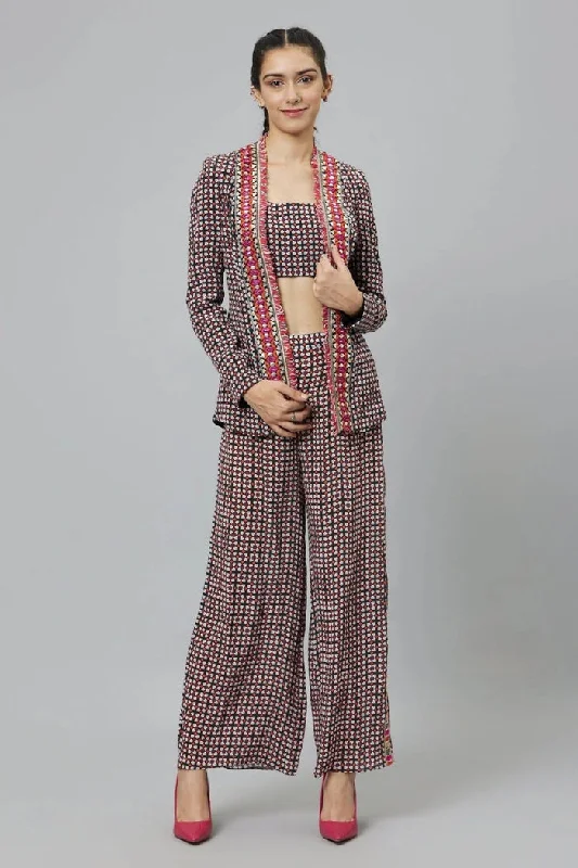 BLACK GEOMETRIC PRINT CREPE BLAZER JACKET TEAMED WITH LINEN BUSTIER AND PANTS Notch Collar Peter Pan Collar Cowl Neck