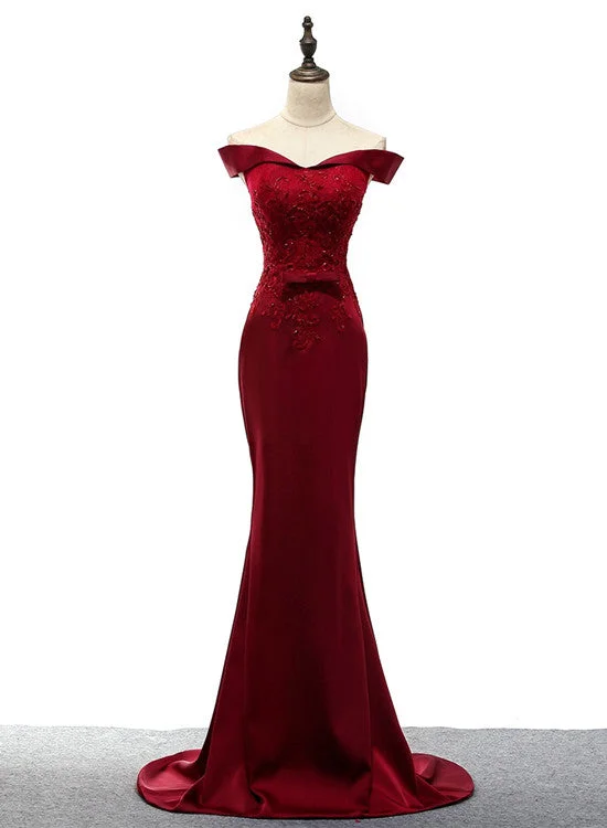 Red Satin Mermaid Long Evening Party Dress, Off Shoulder Women Formal Gowns, Prom Dress Tunics Review highly
