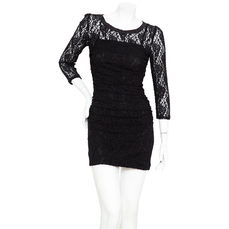 Black Lace Ruched Dress Tunics Spring floral