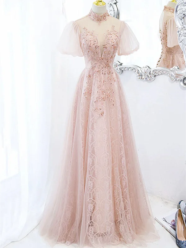 Pink Tulle and Lace High Neckline Long Party Dress, A-line Tulle Pink Prom Dress Off-the-shoulder Chic Trendy