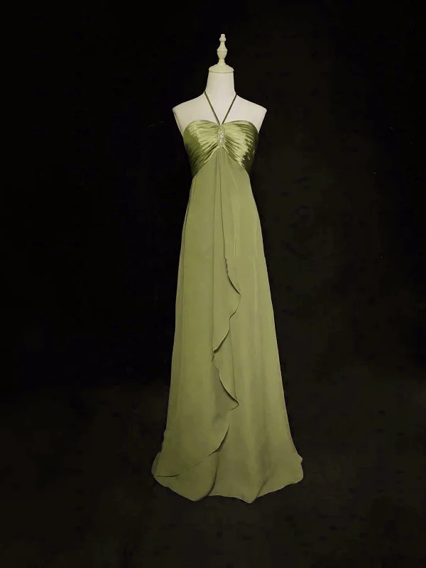 Green Halter Chiffon Simple A-line Party Dress, Green Floor Length Prom Dress Tunics Gym athletic