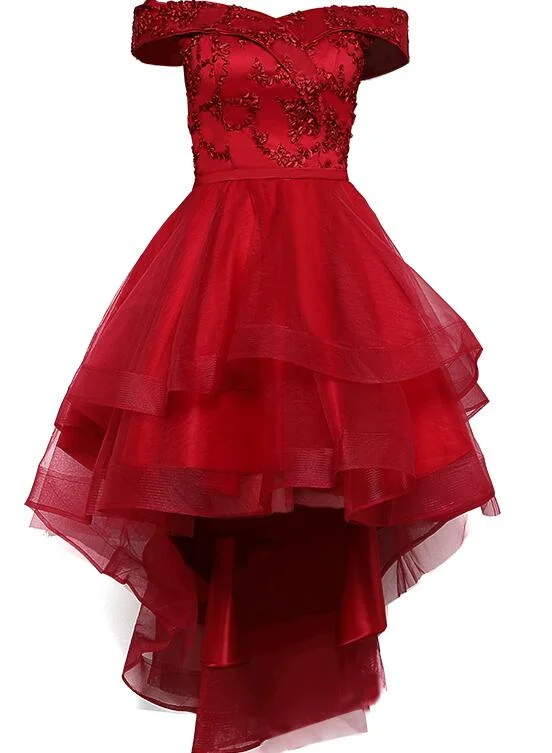 Beautiful Off Shoulder High Low Party Dress , Dark Red Homecoming Dress Tunics Business professional