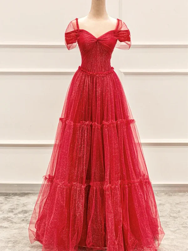 Red A-line Tulle Layers Off Shoulder Prom Dress, Red Shiny Tulle Party Dress Tunics Handmade artisanal
