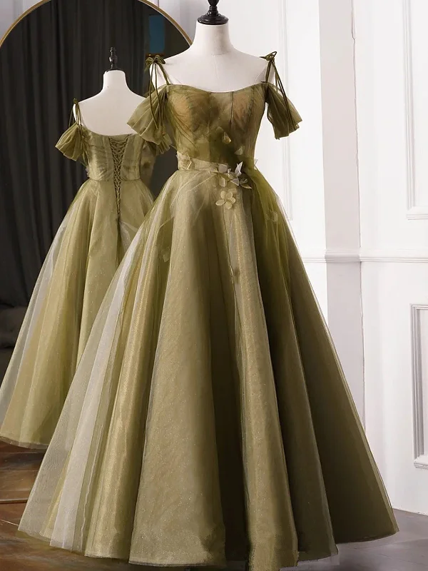 Green A-line Tulle Long Sweetheart Party Dress, Green Tulle Prom Dress Tunics Top Casual